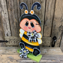 Load image into Gallery viewer, BEE centerpiece, Bee decoration, Bee arrangement, Wooden Bee with stand, Bumble Bee decor, Summer Bee shelf sitter, wooden Bee arrangement