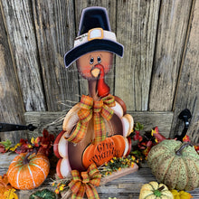 Load image into Gallery viewer, Thanksgiving centerpiece, Turkey decoration, table, mantle, shelf, porch fall decor, Wooden Pilgrim Turkey, Autumn floral table arrangement
