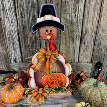 Load image into Gallery viewer, Thanksgiving centerpiece, Turkey decoration, table, mantle, shelf, porch fall decor, Wooden Pilgrim Turkey, Autumn floral table arrangement