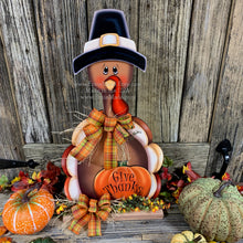 Load image into Gallery viewer, Thanksgiving centerpiece, Turkey decoration, table, mantle, shelf, porch fall decor, Wooden Pilgrim Turkey, Autumn floral table arrangement