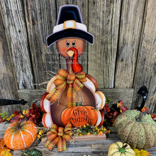 Load image into Gallery viewer, Thanksgiving centerpiece, Turkey decoration, table, mantle, shelf, porch fall decor, Wooden Pilgrim Turkey, Autumn floral table arrangement