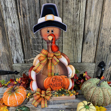 Load image into Gallery viewer, Thanksgiving centerpiece, Turkey decoration, table, mantle, shelf, porch fall decor, Wooden Pilgrim Turkey, Autumn floral table arrangement