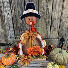Load image into Gallery viewer, Thanksgiving Centerpiece, Turkey Centerpiece, Thanksgiving decoration, Turkey decor, Thanksgiving shelf sitter, Wooden Pilgrim Turkey decor