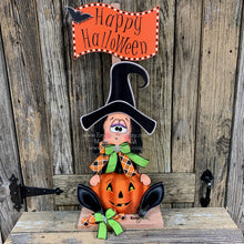 Load image into Gallery viewer, Halloween decoration, fall decor, entry way witch, cute wooden sitting Witch with Jack-o-lantern, trick or treat sign, Happy Halloween sign