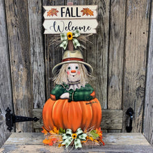 Load image into Gallery viewer, Fall Scarecrow decoration, Pumpkin and Scarecrow porch decor, Autumn Pumpkin arrangement for entry way, Halloween, Farmhouse, Thanksgiving