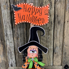 Load image into Gallery viewer, Halloween Witch decoration, jack-o-lantern, wood sitting witch with glasses, Halloween porch greeter, Fall Primitive wooden witch with sign