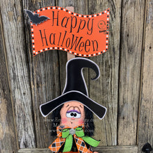 Load image into Gallery viewer, Halloween decoration, fall decor, entry way witch, cute wooden sitting Witch with Jack-o-lantern, trick or treat sign, Happy Halloween sign