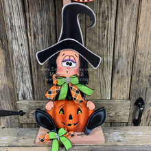 Load image into Gallery viewer, Halloween decoration, fall decor, entry way witch, cute wooden sitting Witch with Jack-o-lantern, trick or treat sign, Happy Halloween sign