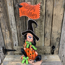 Load image into Gallery viewer, Halloween decoration, fall decor, entry way witch, cute wooden sitting Witch with Jack-o-lantern, trick or treat sign, Happy Halloween sign