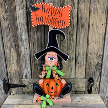 Load image into Gallery viewer, Halloween decoration, fall decor, entry way witch, cute wooden sitting Witch with Jack-o-lantern, trick or treat sign, Happy Halloween sign