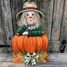Load image into Gallery viewer, Fall Scarecrow decoration, Pumpkin and Scarecrow porch decor, Autumn Pumpkin arrangement for entry way, Halloween, Farmhouse, Thanksgiving