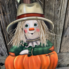 Load image into Gallery viewer, Fall Scarecrow decoration, Pumpkin and Scarecrow porch decor, Autumn Pumpkin arrangement for entry way, Halloween, Farmhouse, Thanksgiving