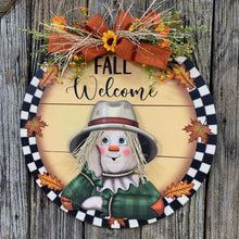 Load image into Gallery viewer, Fall decoration, Autumn leaves, fall door hanger, Thanksgiving decor, Farmhouse scarecrow with hat, Fall porch door sign, Scarecrow wreath