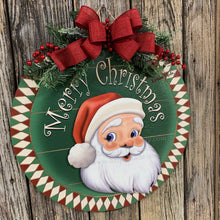 Load image into Gallery viewer, Front door hanger for Christmas, Christmas Farmhouse door decor, Wood round Christmas sign, Christmas gift, Wood Santa decor, Santa wreath