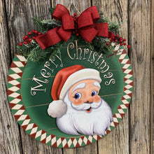 Load image into Gallery viewer, Front door hanger for Christmas, Christmas Farmhouse door decor, Wood round Christmas sign, Christmas gift, Wood Santa decor, Santa wreath