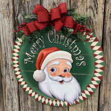 Load image into Gallery viewer, Front door hanger for Christmas, Christmas Farmhouse door decor, Wood round Christmas sign, Christmas gift, Wood Santa decor, Santa wreath