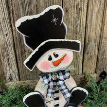 Load image into Gallery viewer, Snowman decoration, Snowman centerpiece, Winter decoration, Snowman decor, Snowman, Ernie Made snowman, Snowman shelf sitter, Wooden snowman