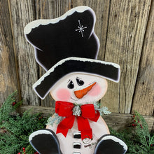 Load image into Gallery viewer, Snowman decoration, Snowman centerpiece, Winter decoration, Snowman decor, Snowman, Ernie Made snowman, Snowman shelf sitter, Wooden snowman