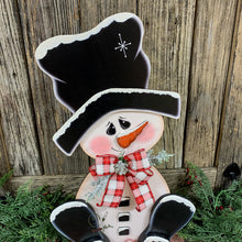 Load image into Gallery viewer, Snowman decoration, Snowman centerpiece, Winter decoration, Snowman decor, Snowman, Ernie Made snowman, Snowman shelf sitter, Wooden snowman