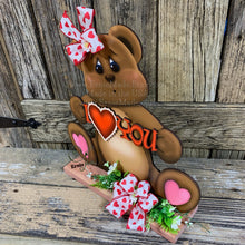 Load image into Gallery viewer, Valentine's Day decoration, Valentine Centerpiece, Bear with heart, Valentine porch decor, Gift for her, Valentine teddy Bear with sign,
