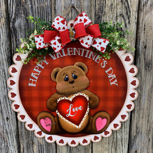 Load image into Gallery viewer, Valentine decoration, Front door hanger for Valentine’s Day, Farmhouse Valentine Bear love sign, gift for her, Teddy Bear with heart hanger