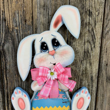 Load image into Gallery viewer, Spring Bunny Wreath, Front door hanger for Easter, Spring Farmhouse Easter decor, bunny with floppy ears, Wooden door hanger, Bunny decor,