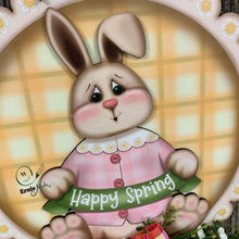 Load image into Gallery viewer, Spring Bunny Wreath, Front door hanger for Easter, Spring Farmhouse door decor, Wooden round door hanger, Vintage bunny sign, Bunny decor,