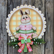 Load image into Gallery viewer, Spring Bunny Wreath, Front door hanger for Easter, Spring Farmhouse door decor, Wooden round door hanger, Vintage bunny sign, Bunny decor,