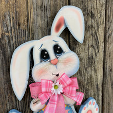 Load image into Gallery viewer, Spring Bunny Wreath, Front door hanger for Easter, Spring Farmhouse Easter decor, bunny with floppy ears, Wooden door hanger, Bunny decor,