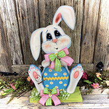 Load image into Gallery viewer, Spring Decoration, Easter Bunny centerpiece, bunny with floppy ears, Farmhouse Easter decor, wooden Bunny with Easter egg, Primitive Bunny