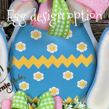 Load image into Gallery viewer, Spring Bunny Wreath, Front door hanger for Easter, Spring Farmhouse Easter decor, bunny with floppy ears, Wooden door hanger, Bunny decor,