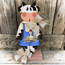 Load image into Gallery viewer, Farmhouse centerpiece, Cow decoration, Primitive Wooden Cow shelf sitter, Country style cow decoration, Bovine decor, Chicken decoration