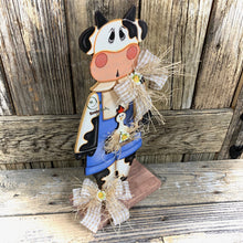 Load image into Gallery viewer, Farmhouse centerpiece, Cow decoration, Primitive Wooden Cow shelf sitter, Country style cow decoration, Bovine decor, Chicken decoration