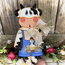 Load image into Gallery viewer, Farmhouse centerpiece, Cow decoration, Primitive Wooden Cow shelf sitter, Country style cow decoration, Bovine decor, Chicken decoration