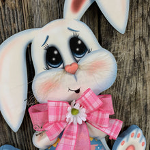 Load image into Gallery viewer, Spring Bunny Wreath, Front door hanger for Easter, Spring Farmhouse Easter decor, bunny with floppy ears, Wooden door hanger, Bunny decor,