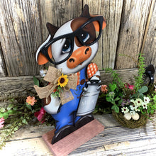 Load image into Gallery viewer, Farmhouse centerpiece, Cow decoration, Primitive Wooden Cow shelf sitter, Country style cow decoration, Bovine decor, Chicken decoration