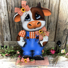 Load image into Gallery viewer, Farmhouse centerpiece, Cow decoration, Primitive Wooden Cow shelf sitter, Country style cow decoration, Bovine decor, Chicken decoration
