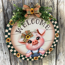 Load image into Gallery viewer, Front door hanger, Farmhouse door hanger, pig decor, Housewarming gift, pig wreath, Farmhouse wreath, cute baby pig sign, front door wreath