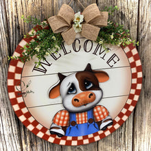 Load image into Gallery viewer, Front door hanger, Farmhouse door hanger, cow decor, Housewarming gift, Cow wreath, Farmhouse wreath, storm door wreath, front door wreath