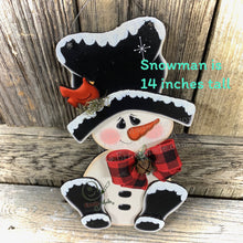 Load image into Gallery viewer, Snowman door hanger, Christmas door hanger, Snowman wreath attachment, Wooden Snowman and Cardinal, Christmas crafts, Snowman sign, leaner