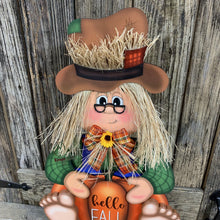 Load image into Gallery viewer, Scarecrow for Fall decoration, Pumpkin sign for porch, Hello Fall sign, Wooden Scarecrow with hat, Halloween porch decor, Thanksgiving decor