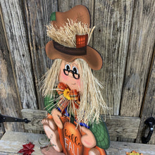 Load image into Gallery viewer, Scarecrow for Fall decoration, Pumpkin sign for porch, Hello Fall sign, Wooden Scarecrow with hat, Halloween porch decor, Thanksgiving decor