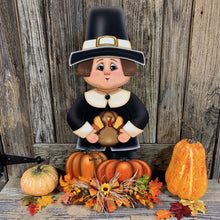 Load image into Gallery viewer, Thanksgiving decoration, Pilgrim and Turkey for entryway decor, Autumn arrangement, Fall centerpiece, pumpkin decor, Happy Thanksgiving sign
