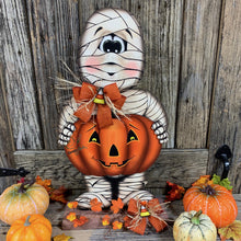 Load image into Gallery viewer, Halloween decoration, Mummy, Jack-o-lantern, pumpkin porch decor, Mummy shelf sitter, Halloween, Candy corn decor, Farmhouse fall decor,