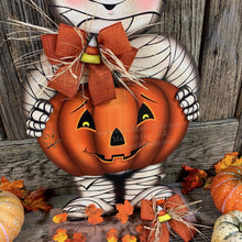 Load image into Gallery viewer, Halloween decoration, Mummy, Jack-o-lantern, pumpkin porch decor, Mummy shelf sitter, Halloween, Candy corn decor, Farmhouse fall decor,