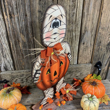 Load image into Gallery viewer, Halloween decoration, Mummy, Jack-o-lantern, pumpkin porch decor, Mummy shelf sitter, Halloween, Candy corn decor, Farmhouse fall decor,