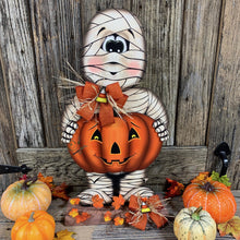 Load image into Gallery viewer, Halloween decoration, Mummy, Jack-o-lantern, pumpkin porch decor, Mummy shelf sitter, Halloween, Candy corn decor, Farmhouse fall decor,