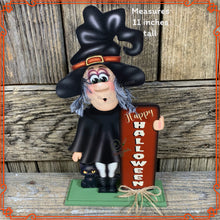 Load image into Gallery viewer, Fall Witch decor, small witch for tier tray, Wood Witch and black cat shelf sitter, Spooky black cat, witch decor, Halloween decor witch hat