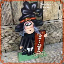 Load image into Gallery viewer, Fall Witch decor, small witch for tier tray, Wood Witch and black cat shelf sitter, Spooky black cat, witch decor, Halloween decor witch hat