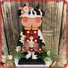 Load image into Gallery viewer, Farmhouse Cow decoration, Tiered tray cow decor, Country style Cow and chicken, Wooden Cow shelf sitter on base black and white cow, cowgirl